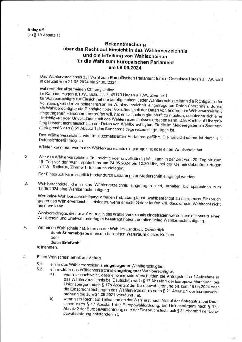 Bekanntmachung über das Recht auf Einsicht in das Wählerverzeichnis und die Erteilung von Wahlscheinen für die Wahl zum Europäischen Parlament am 09.06.2024