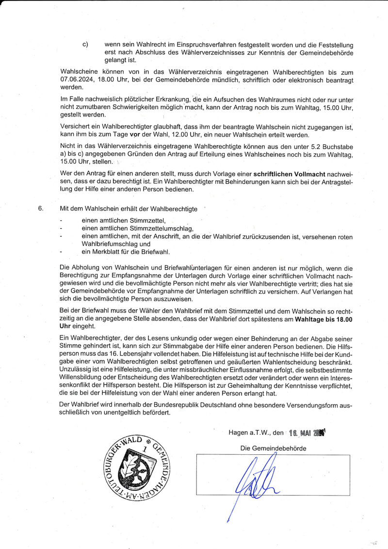 Bekanntmachung über das Recht auf Einsicht in das Wählerverzeichnis und die Erteilung von Wahlscheinen für die Wahl zum Europäischen Parlament am 09.06.2024 (2)